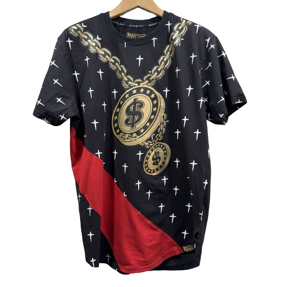 SWITCH Remarkable Mens XL Short Sleeves Graphic Money Chain T-Shirt Black Red